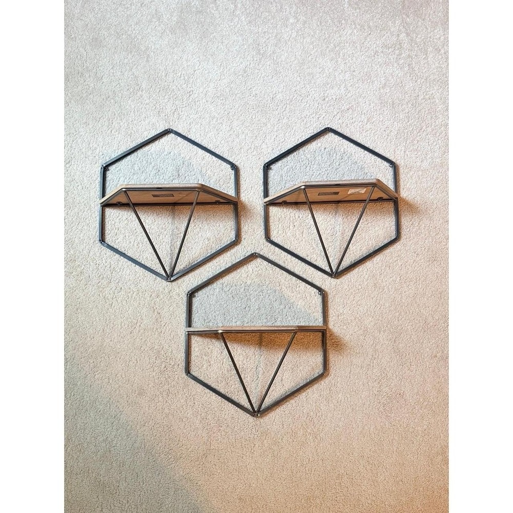 3 Hexagonal Geometric Floating Wall Shelves - Brown Wood w/ Black Metal